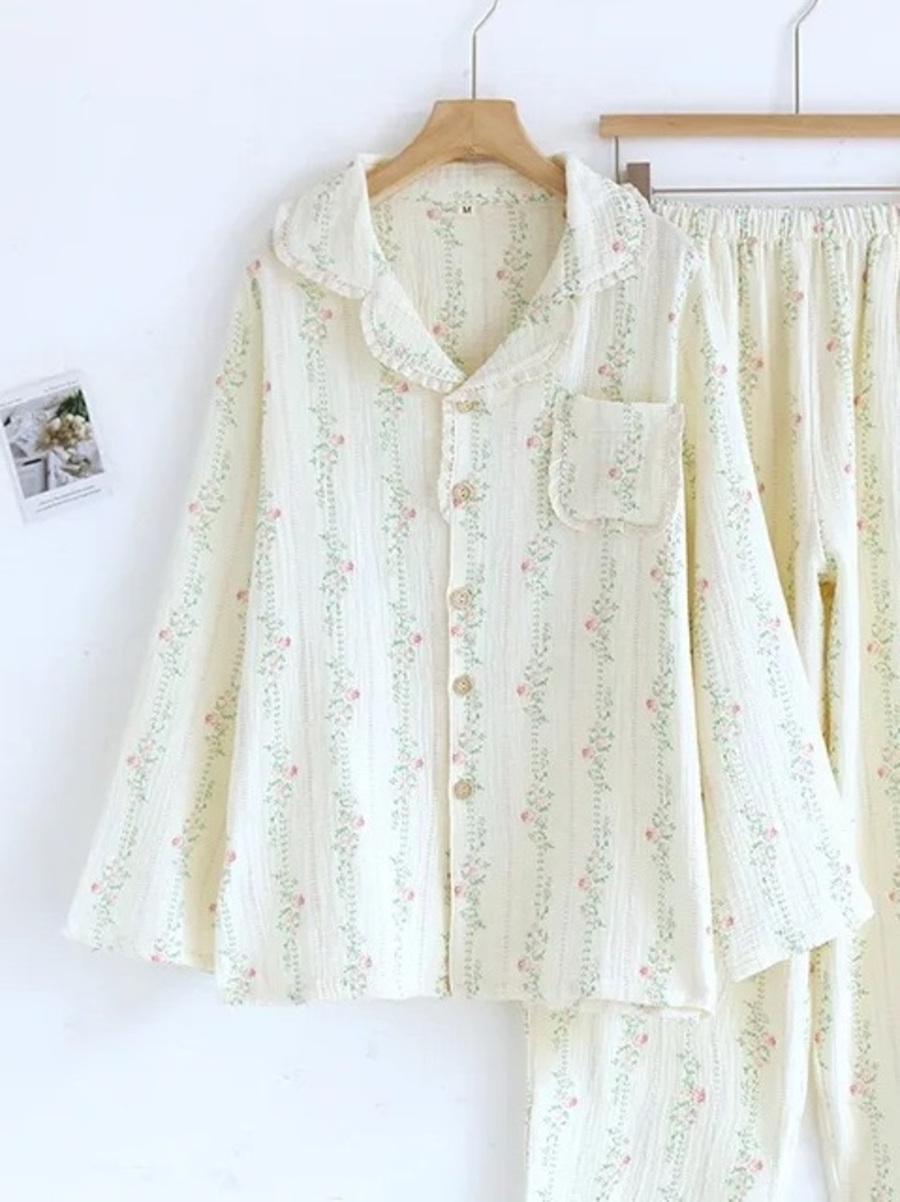 The Fleece Company Cream Floral Button-Up Pajama Top 100% Muslin Cotton